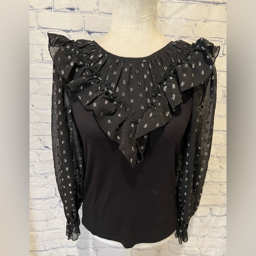Ann Taylor Lift Shimmer Dotted Ruffle Yoke Mixed Media Top Small Petite - Picture 2 of 7